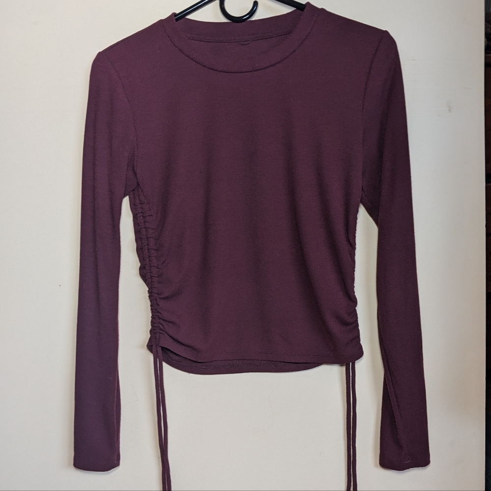 Zara Burgundy Long-Sleeve Top with Adjustable Ruched Waist